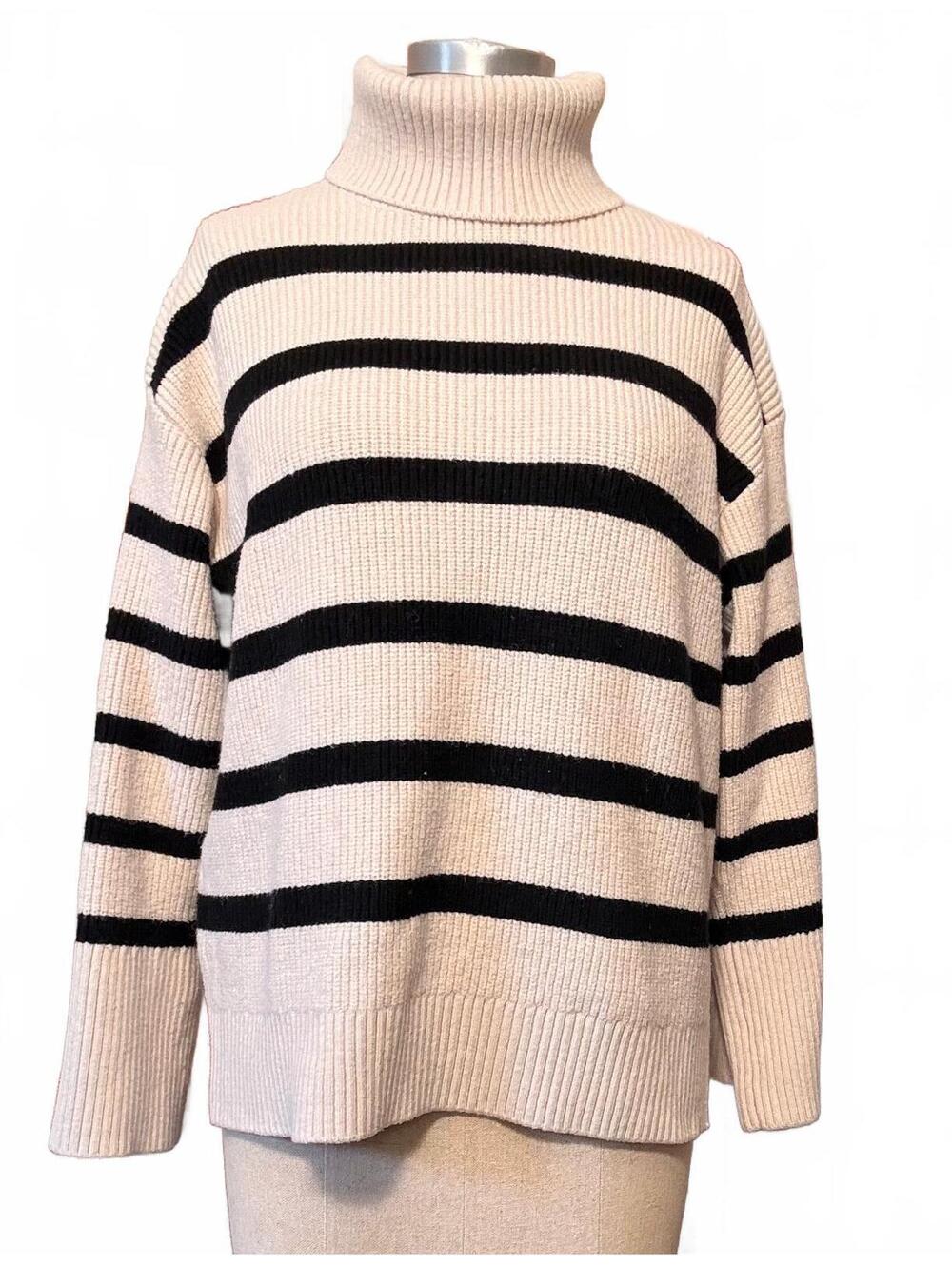 Zara M Cream Black Striped Turtleneck Oversized Knit Sweater